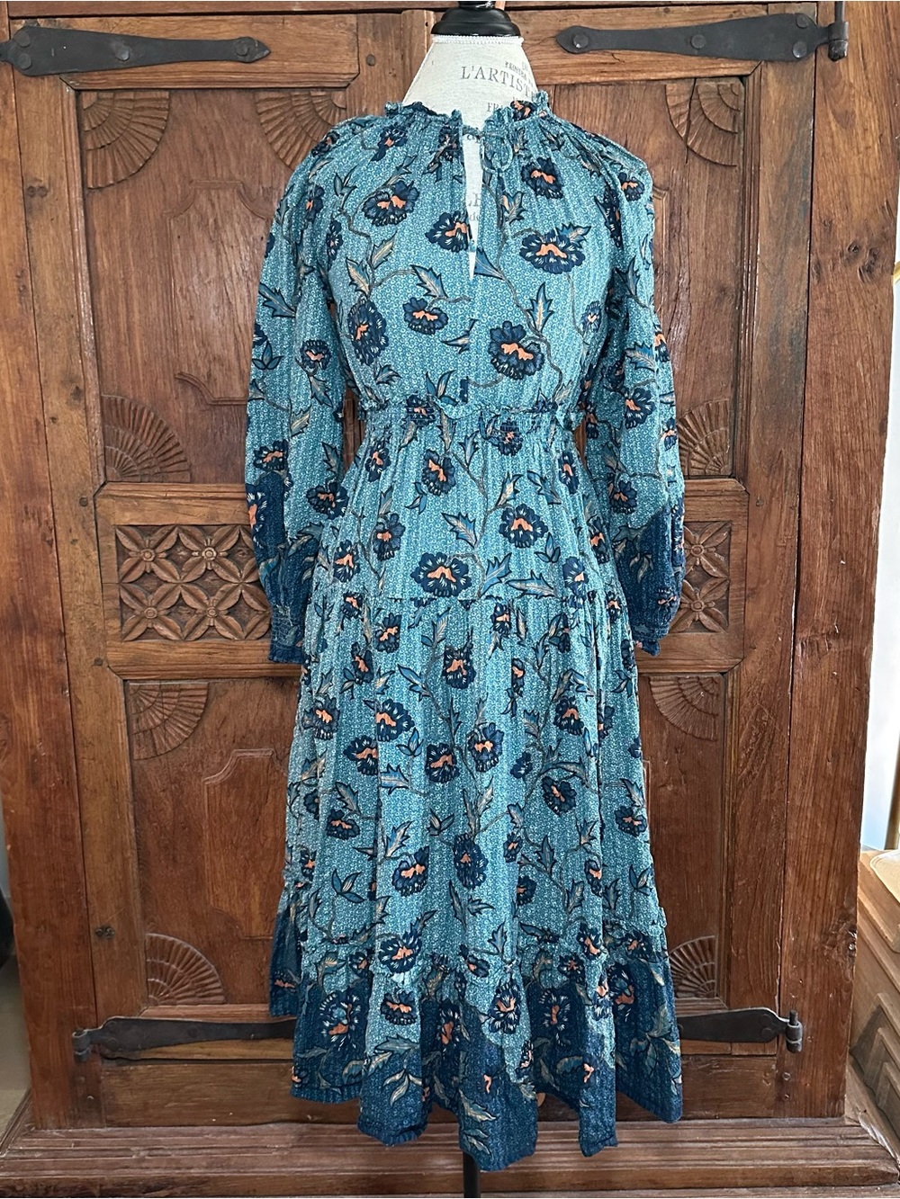 Ulla Johnson Teal Floral Tiered Midi Dress